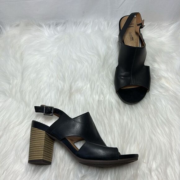 Clarks Collection Banoy Verona Black Leather Block Heel Slingback Sandals Sz 9 - Picture 1 of 6